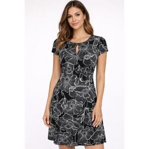 Connected Apparel Womens Black Floral Short Sleeve Dress Keyhole Size 10 NWT